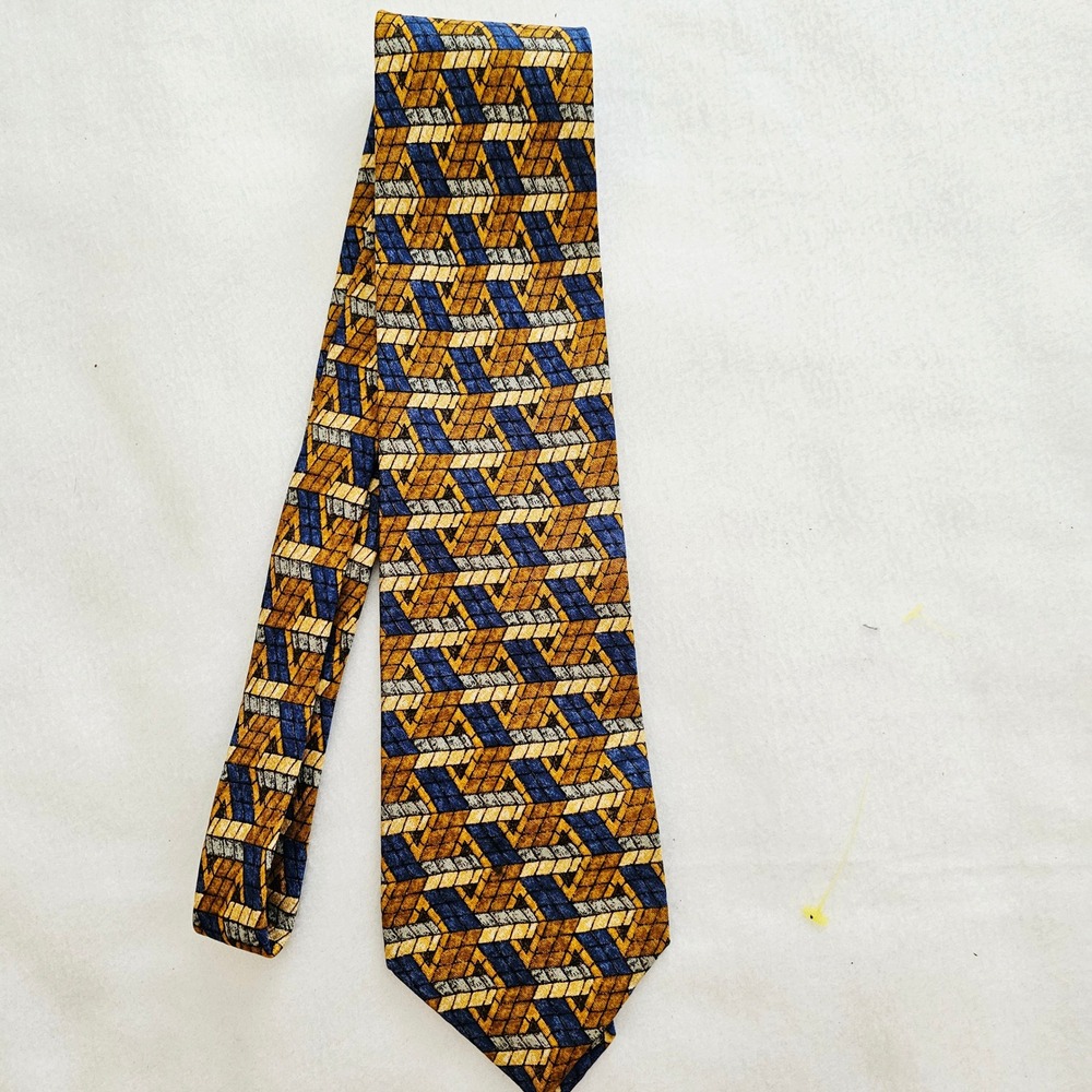 Fumagalli's Mens Silk Tie Geometric ‎ Gold Blue Made in Spain, Italian silk
